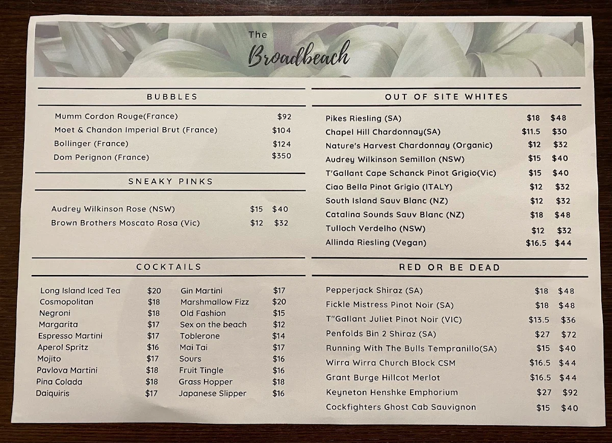 Menu, Broadbeach Tavern