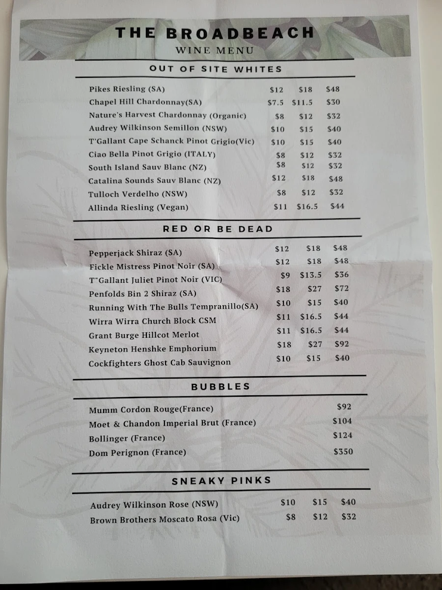 Menu, Broadbeach Tavern