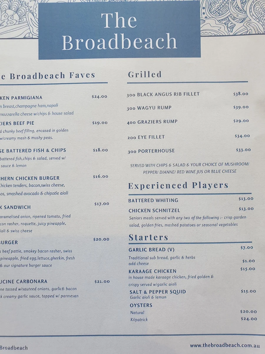 Menu, Broadbeach Tavern