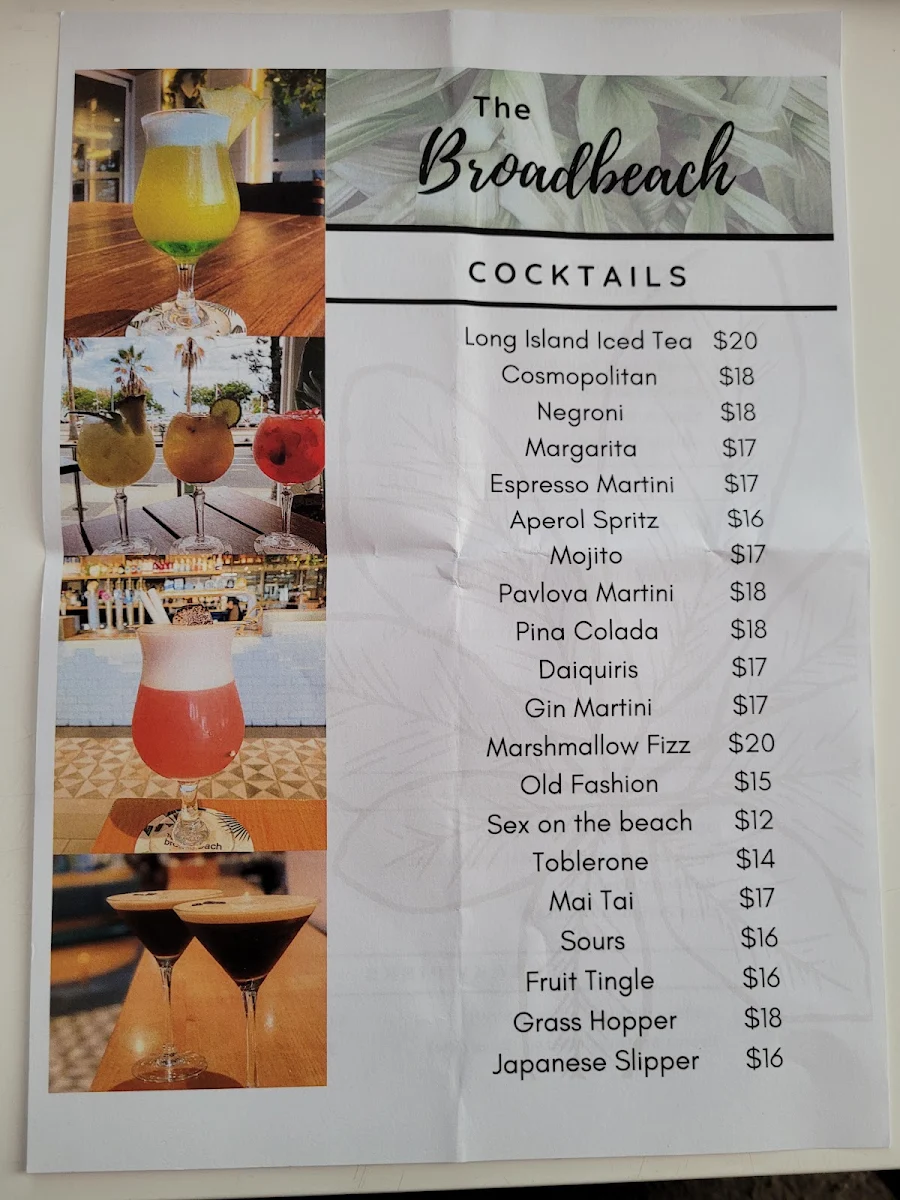 Menu, Broadbeach Tavern