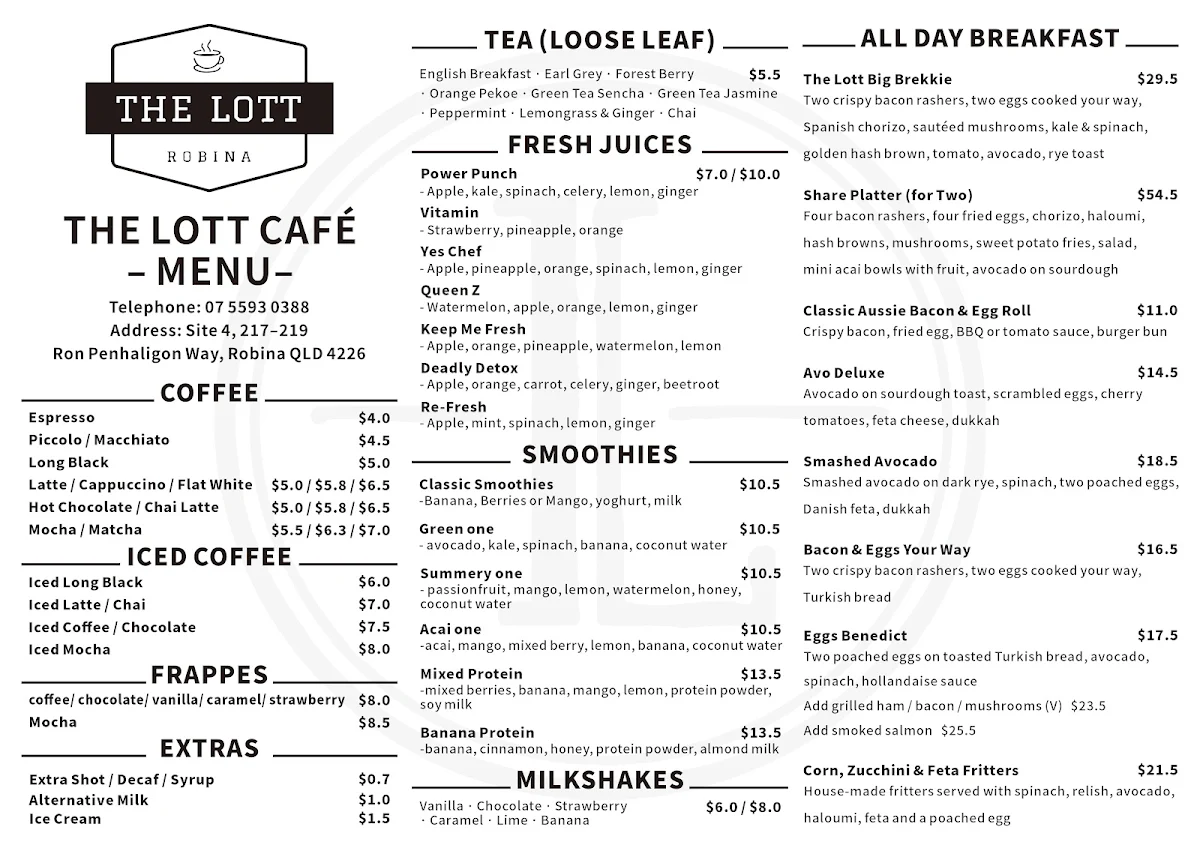 Menu, The Lott Cafe Robina