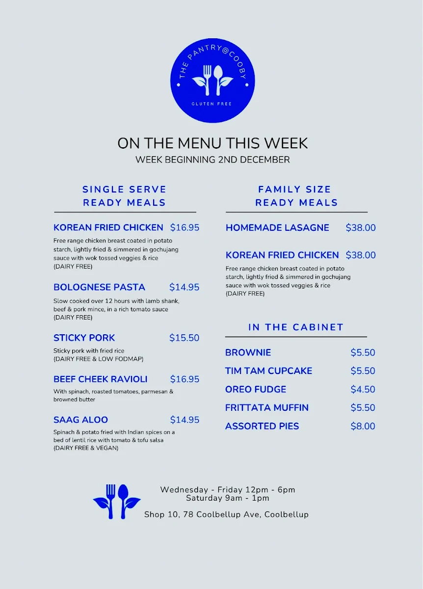 Menu, The Pantry at Cooby