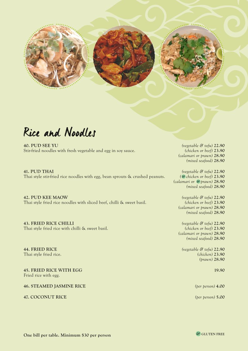 Menu, Thai Eatery