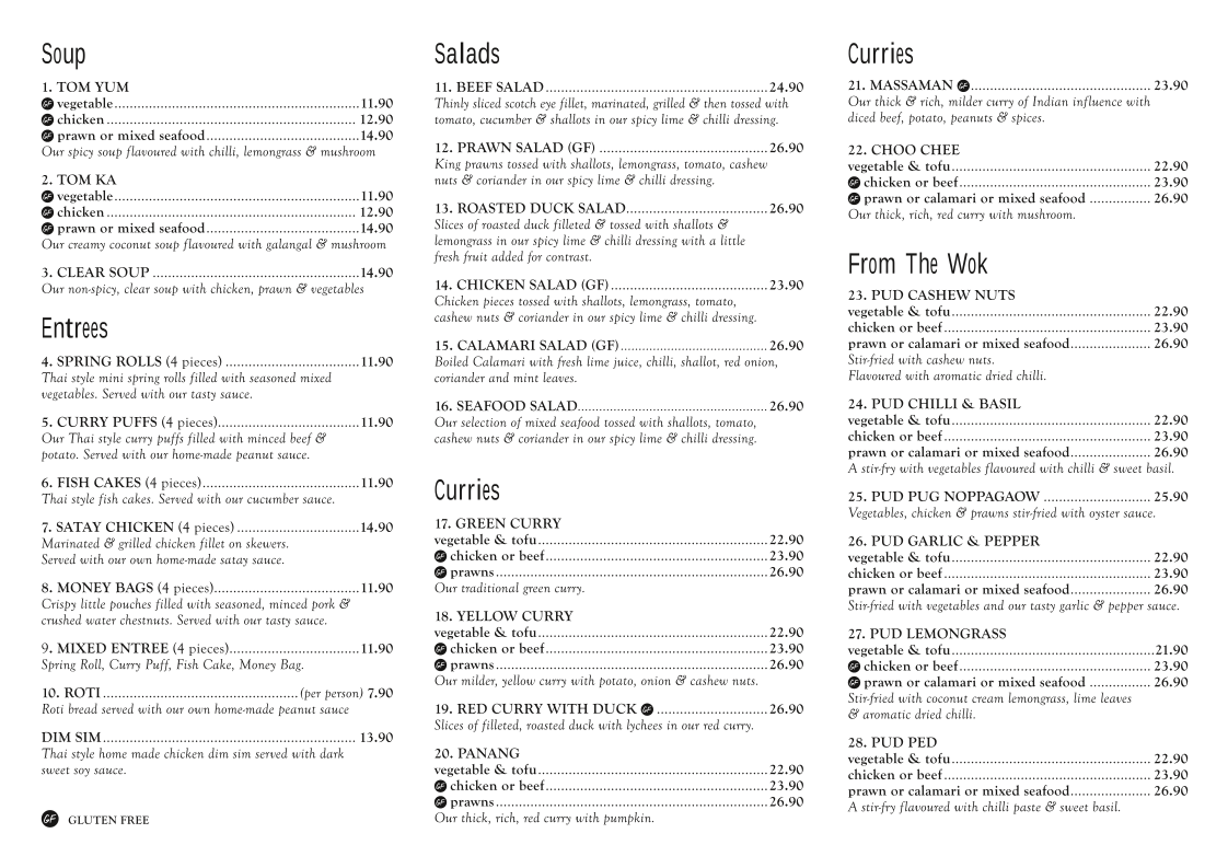 Menu, Thai Eatery
