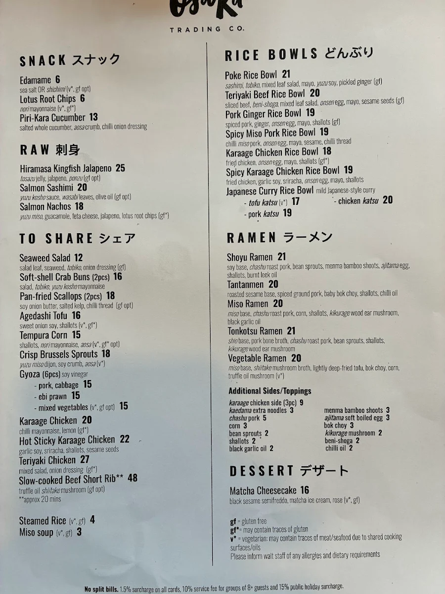 Menu, Osaka Trading Co.