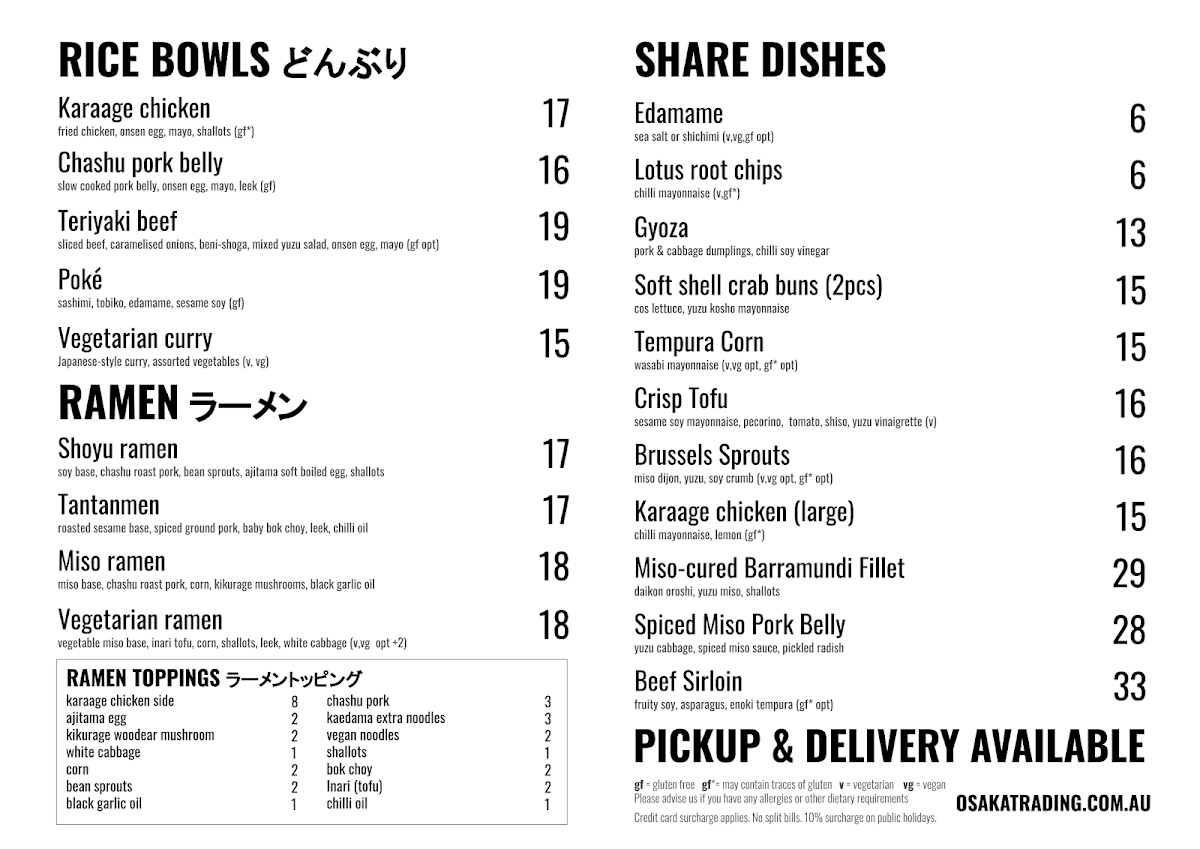 Menu, Osaka Trading Co.