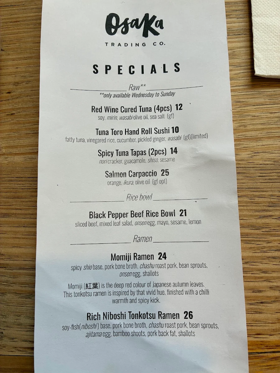 Menu, Osaka Trading Co.