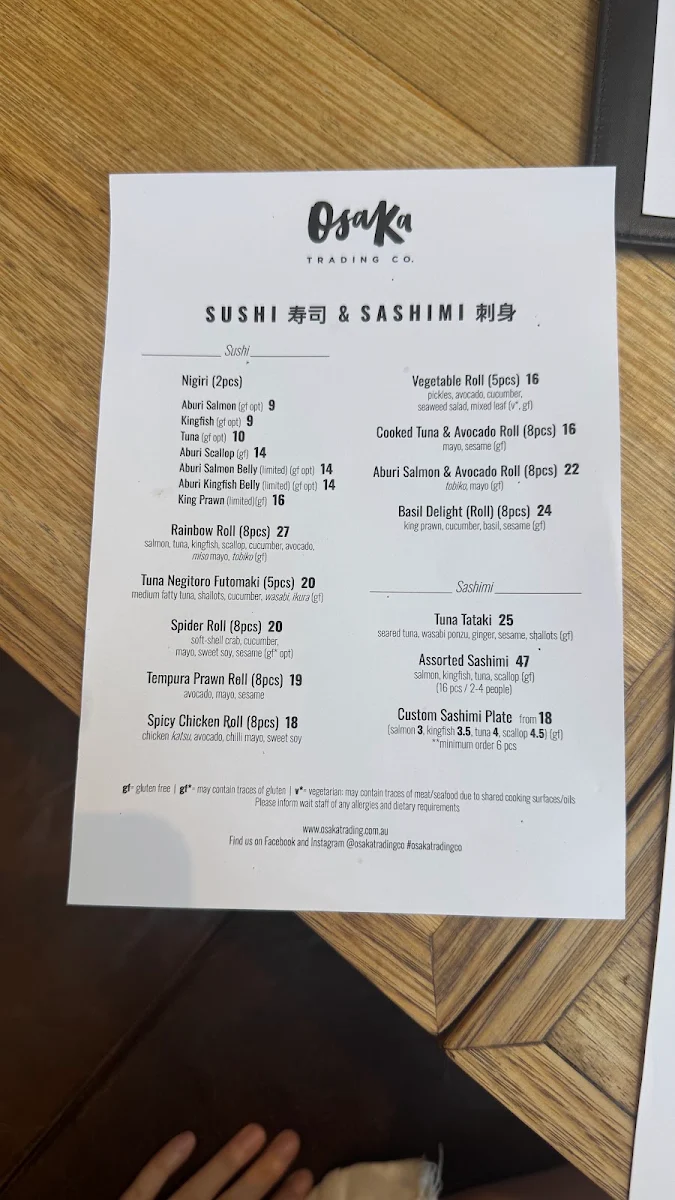 Menu, Osaka Trading Co.
