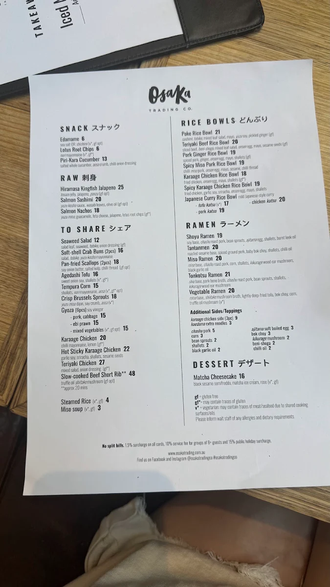 Menu, Osaka Trading Co.