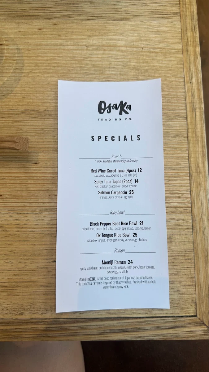 Menu, Osaka Trading Co.