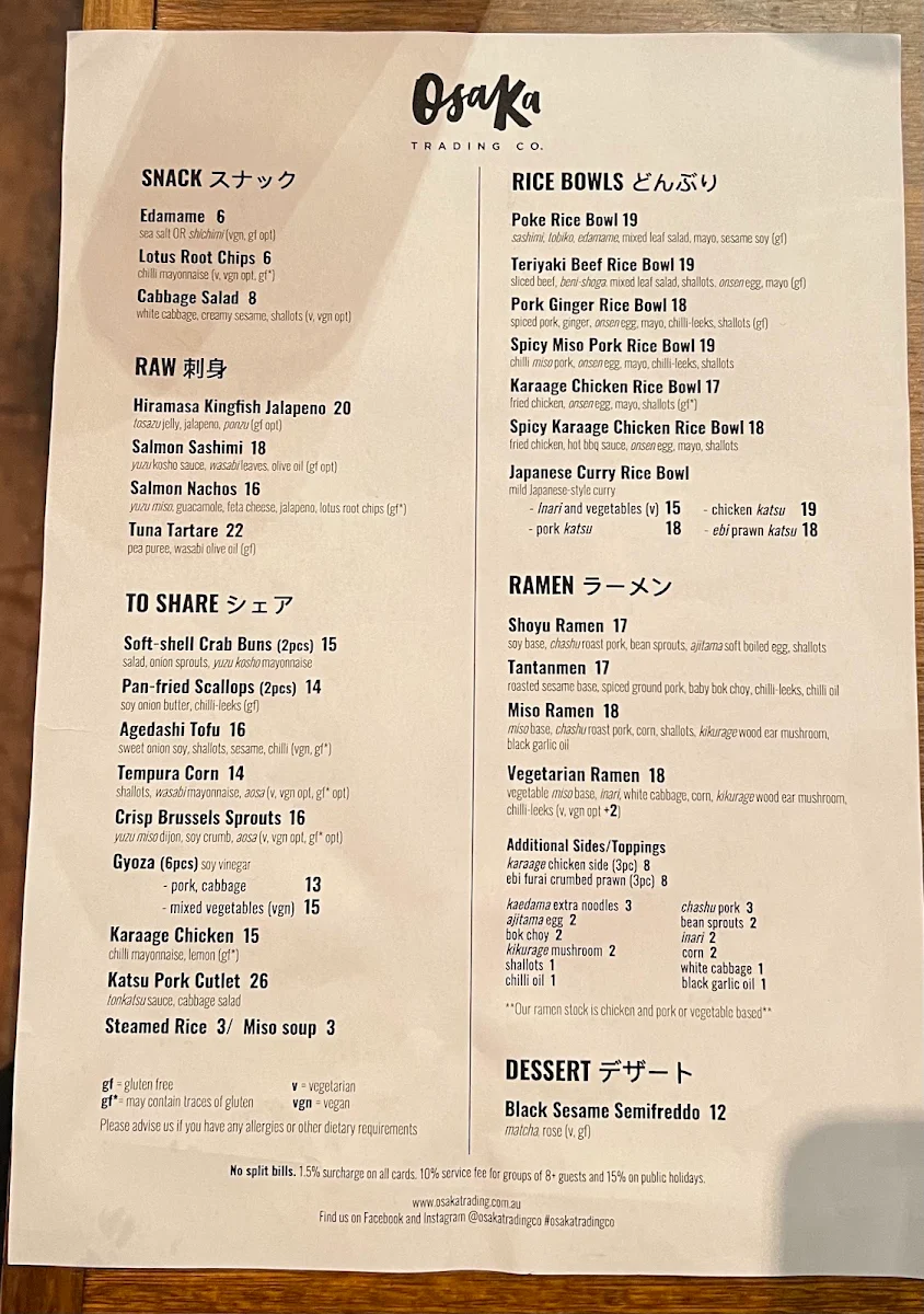 Menu, Osaka Trading Co.