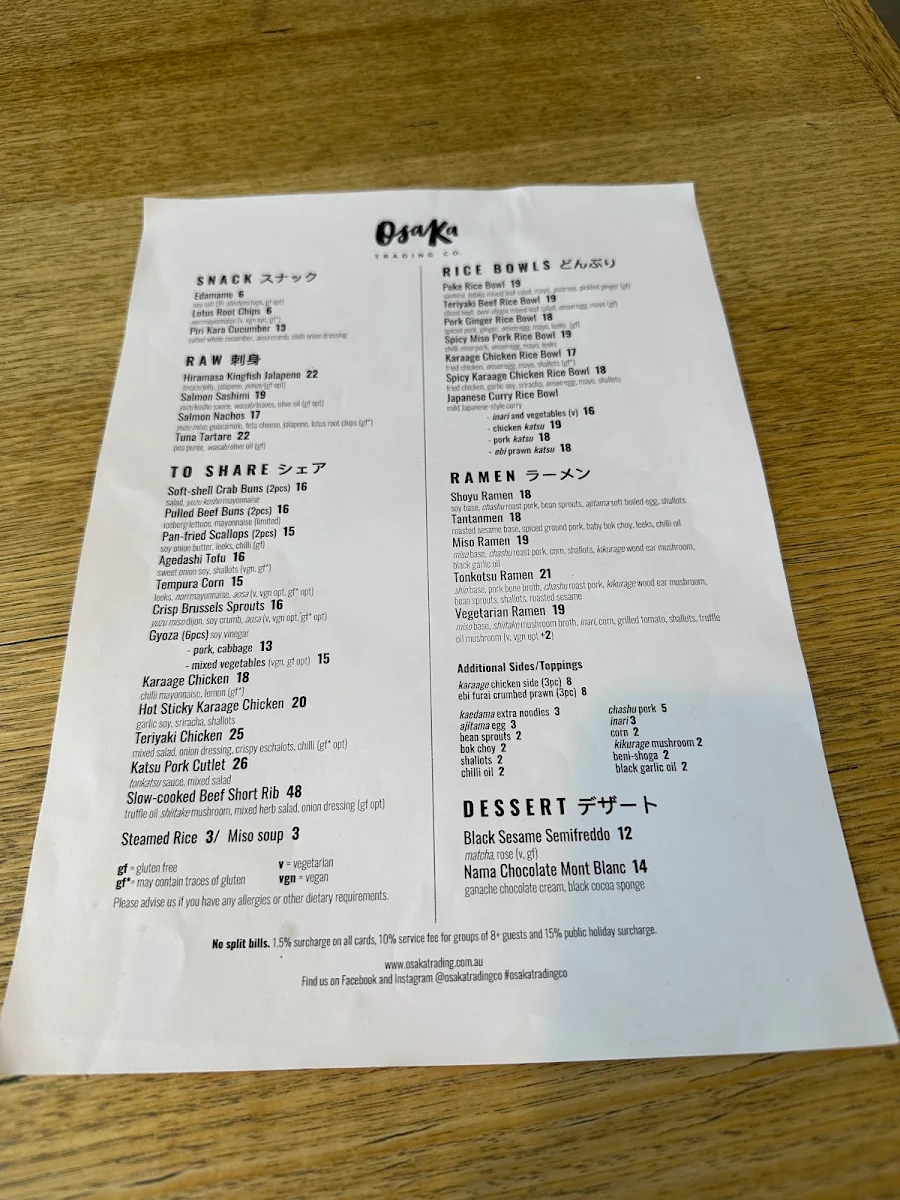 Menu, Osaka Trading Co.
