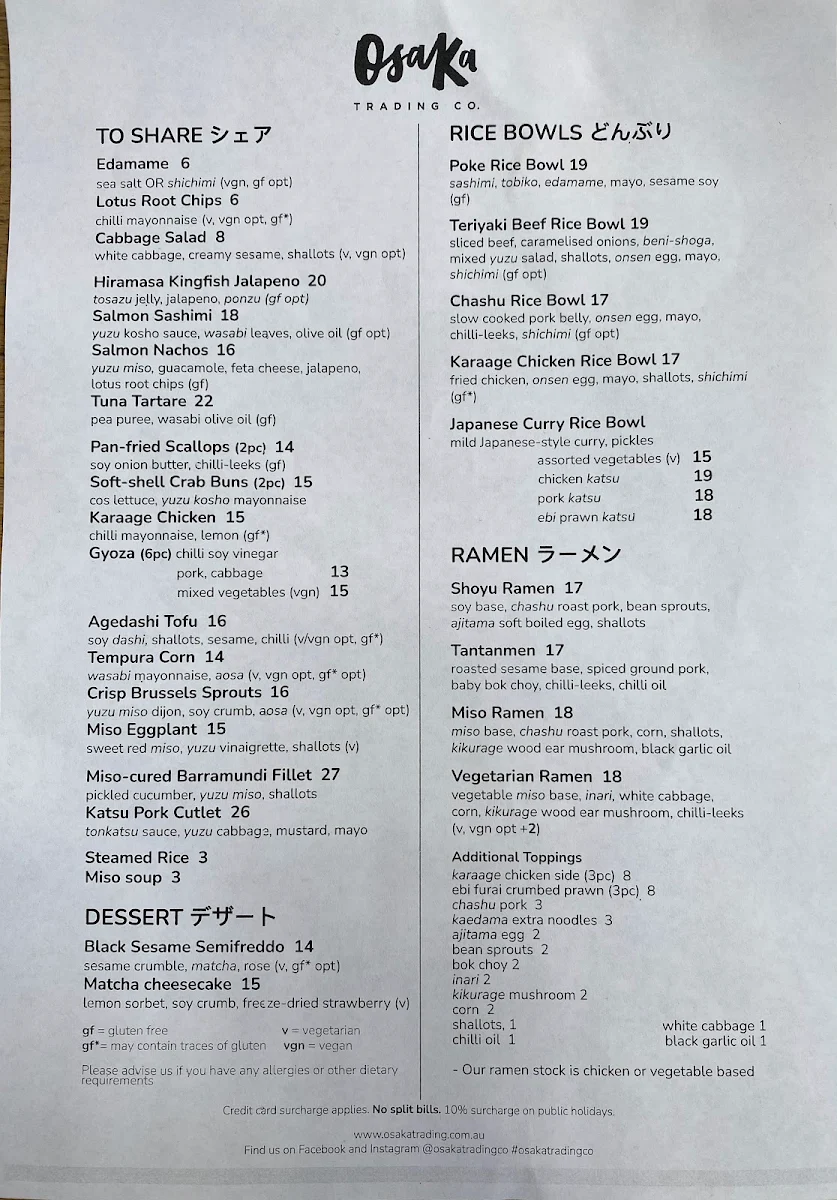 Menu, Osaka Trading Co.