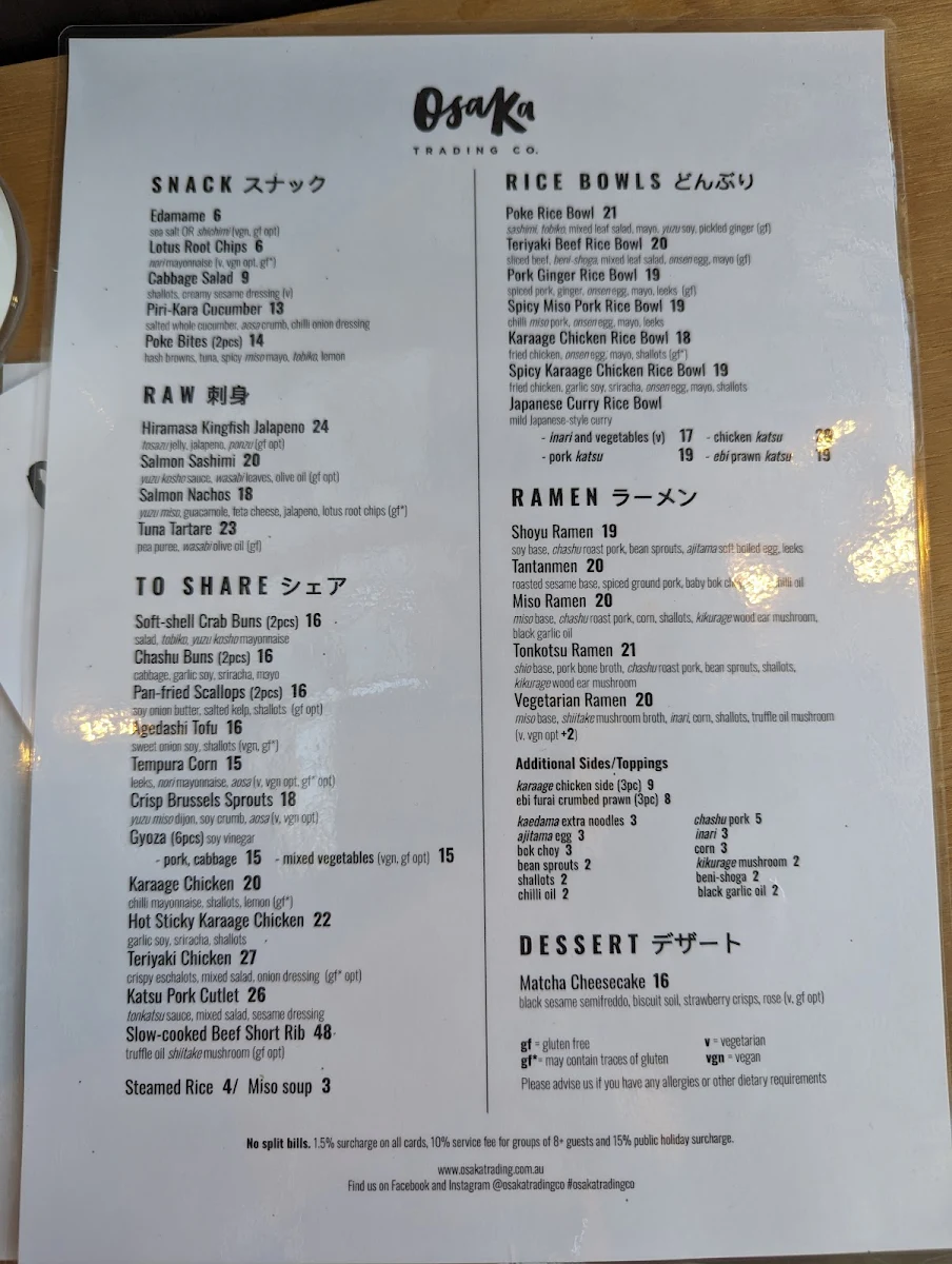 Menu, Osaka Trading Co.