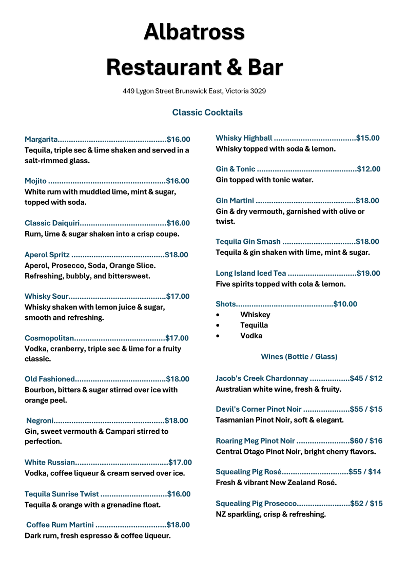 Menu, Albatross Restaurant & Bar