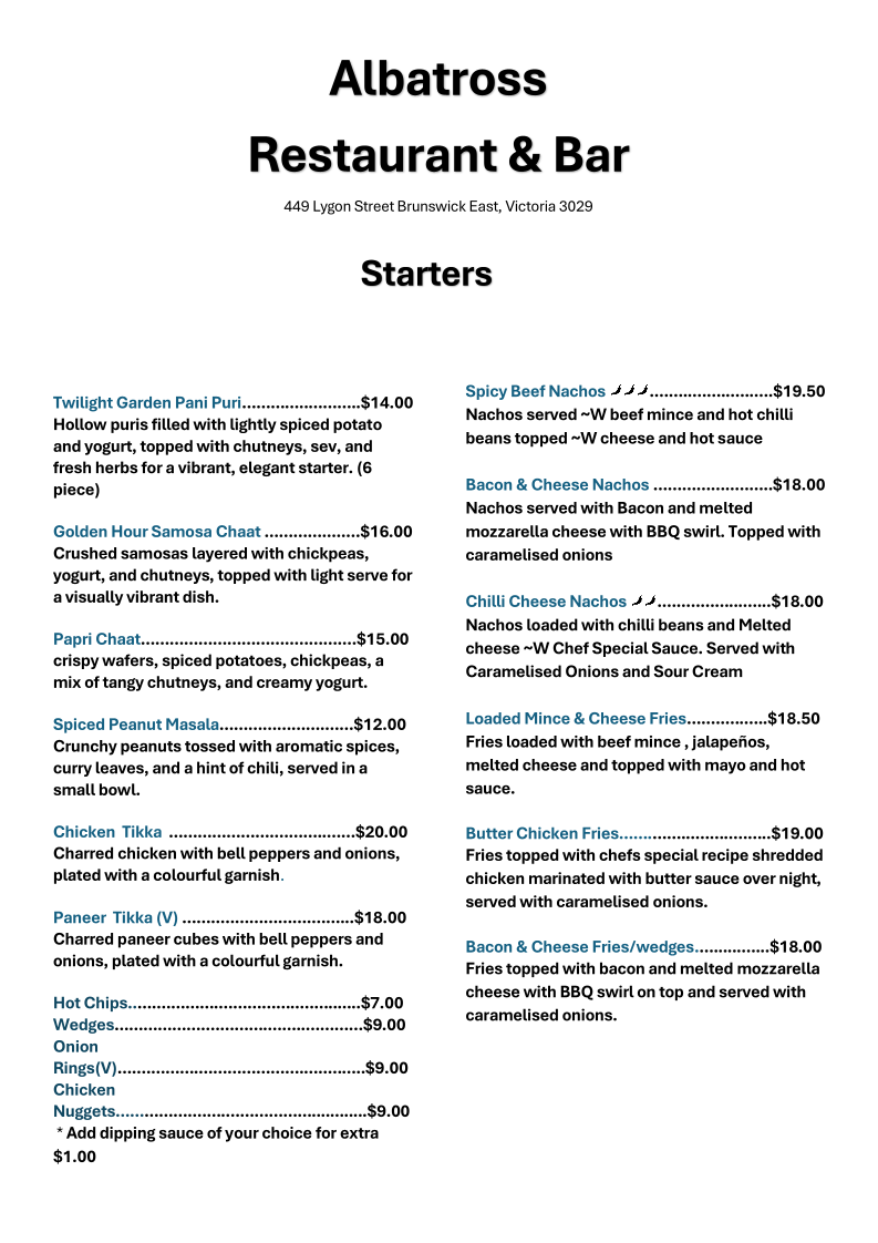 Menu, Albatross Restaurant & Bar