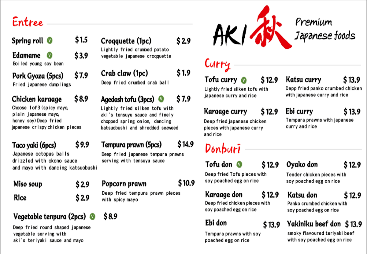 Menu, Aki 秋 Japanese Restaurant