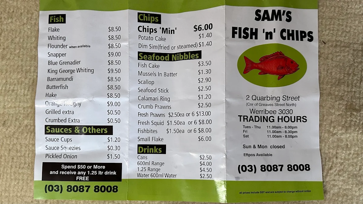 Menu, Sams Fish And Chips