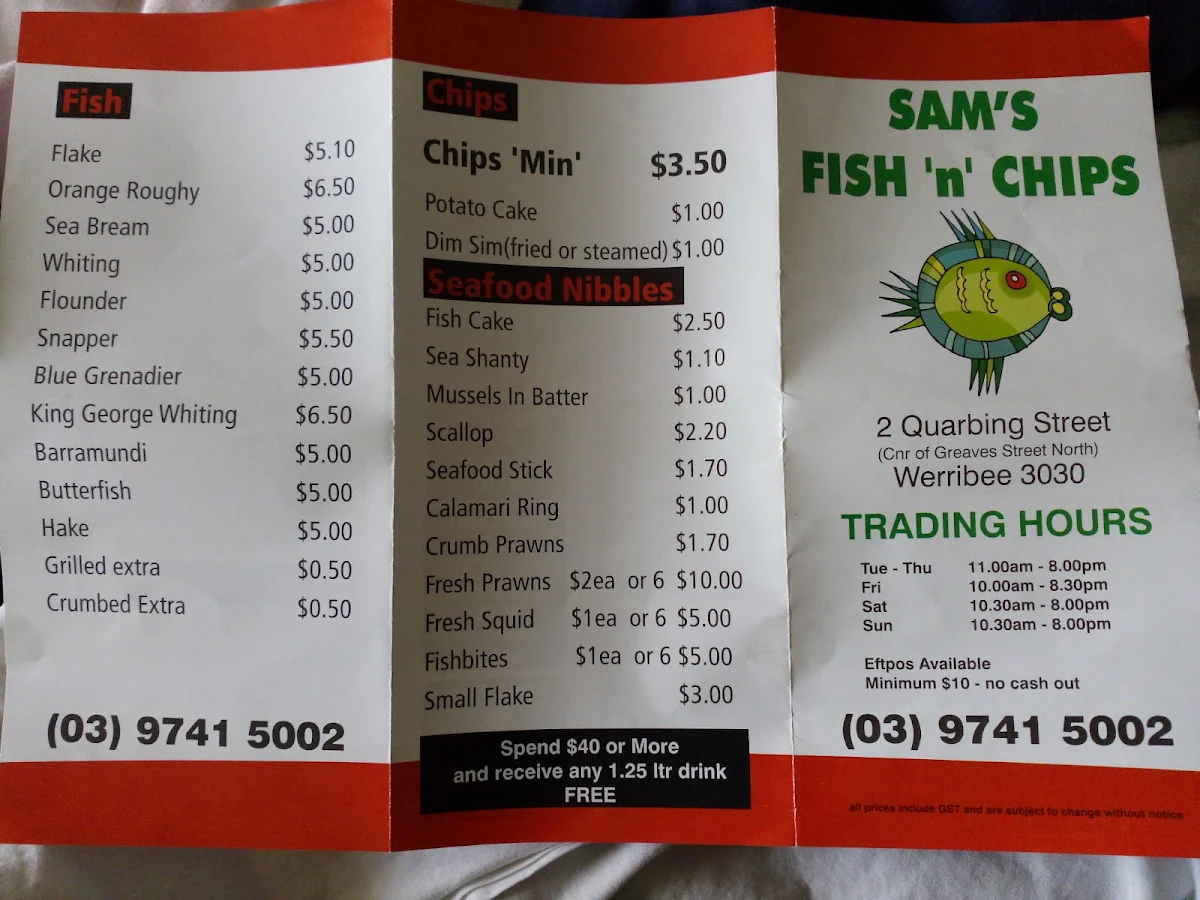 Menu, Sams Fish And Chips
