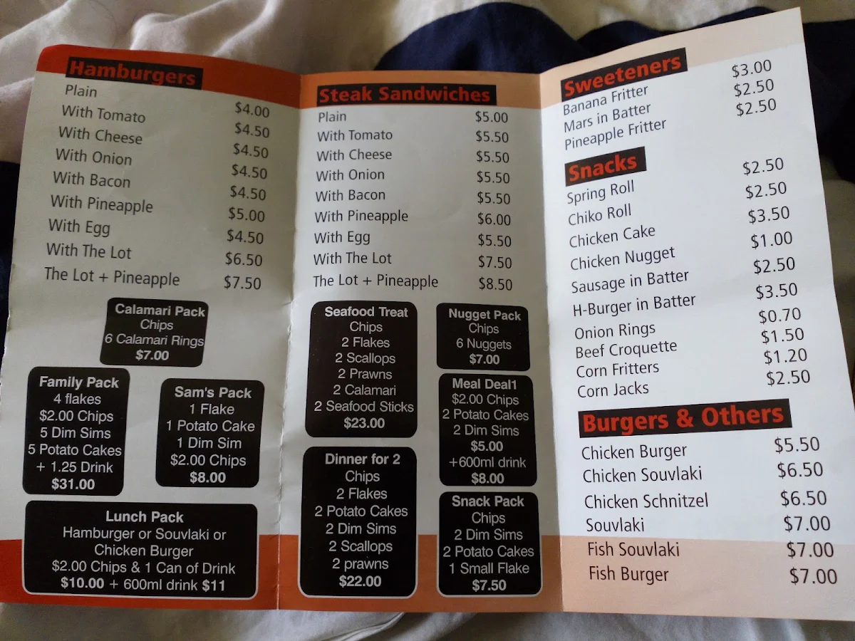 Menu, Sams Fish And Chips