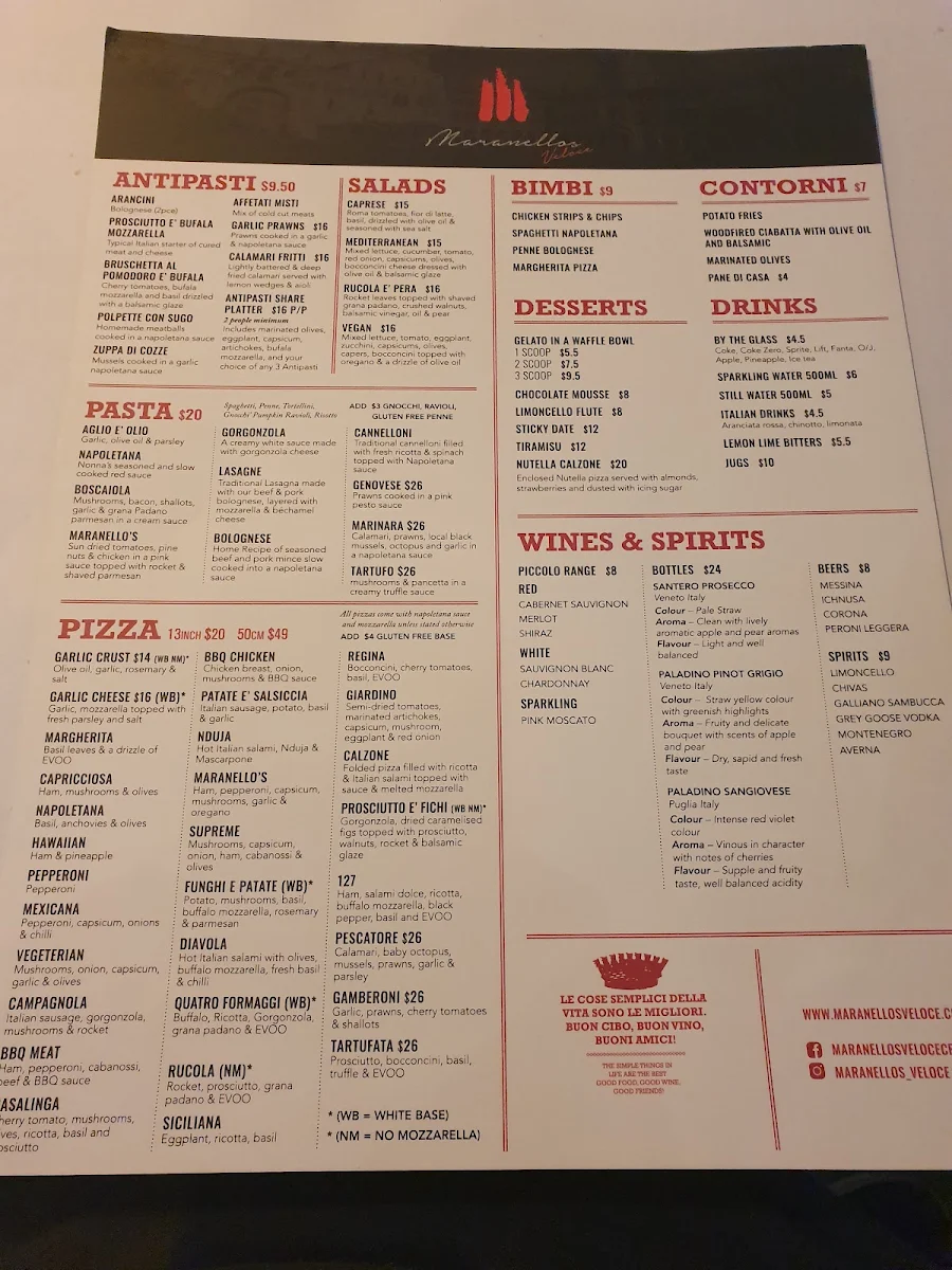 Menu, Maranello's Veloce Croydon Park