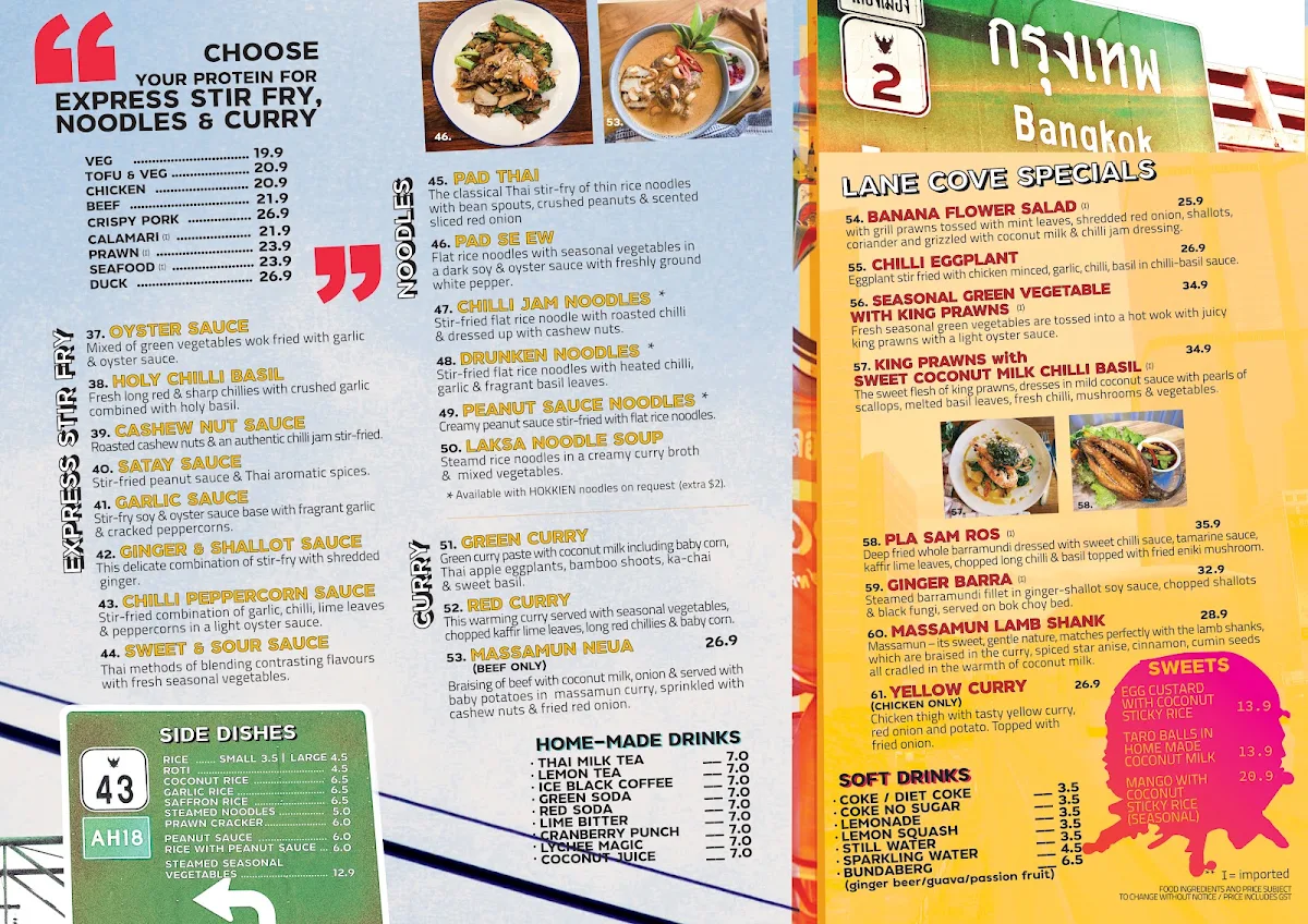 Menu, Bangkok Sidewalk Express “LANE COVE NORTH”