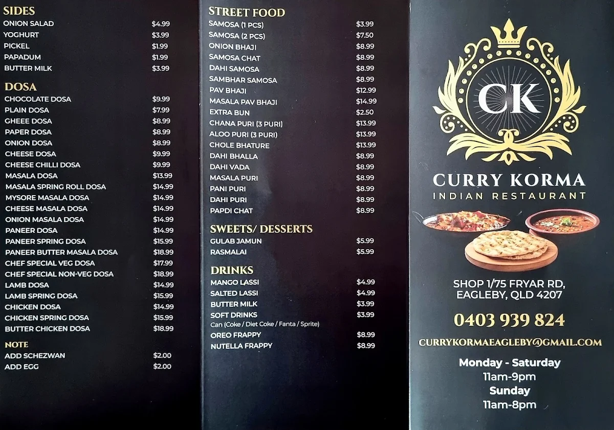 Menu, Curry Korma Indian Restaurant