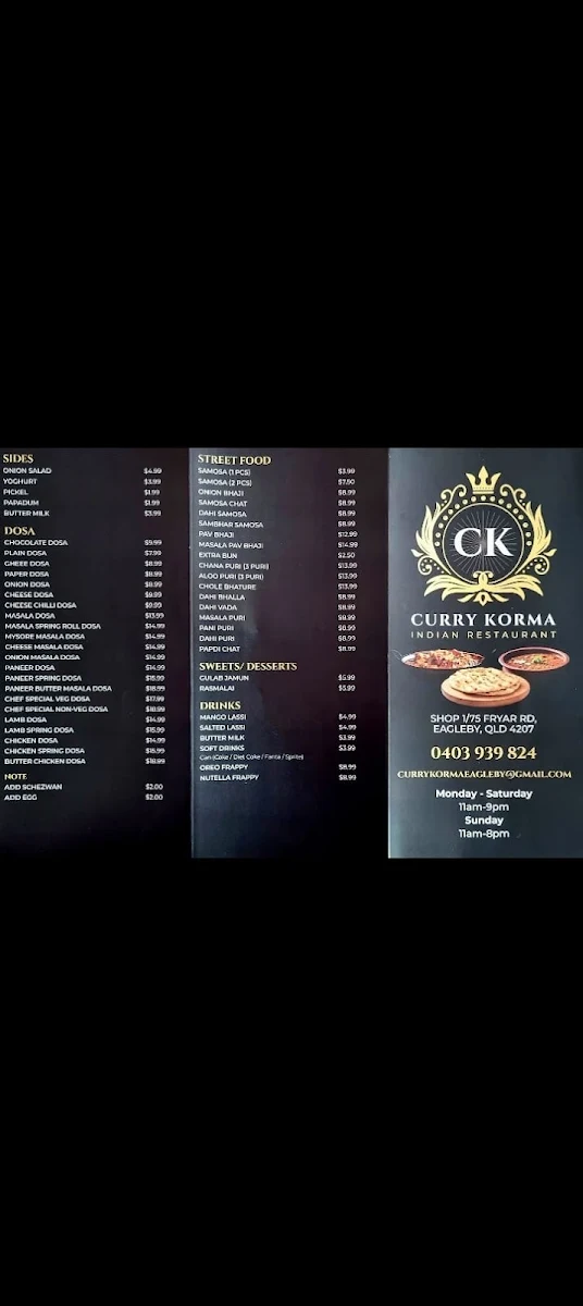 Menu, Curry Korma Indian Restaurant