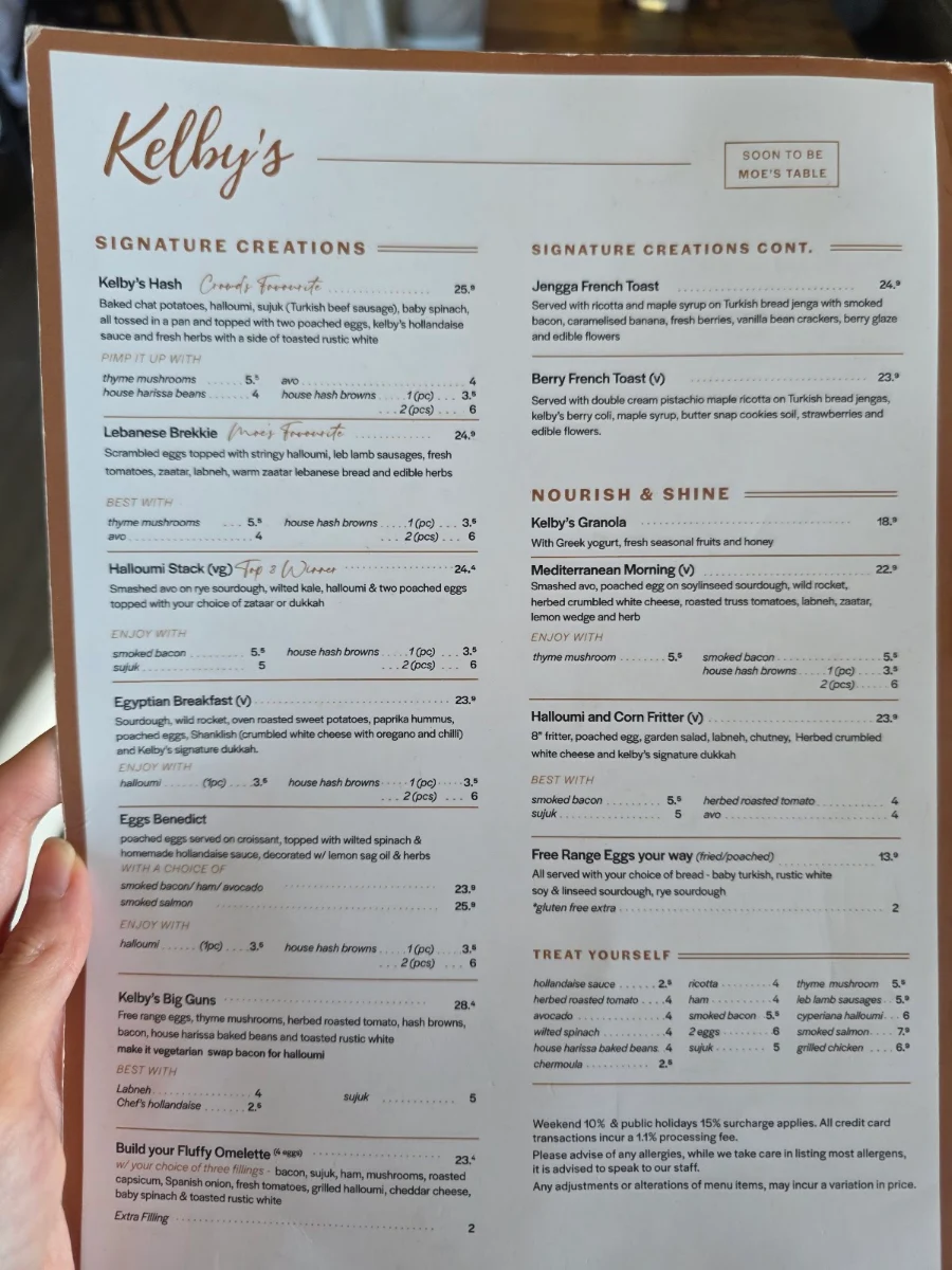 Menu, Moe's Table