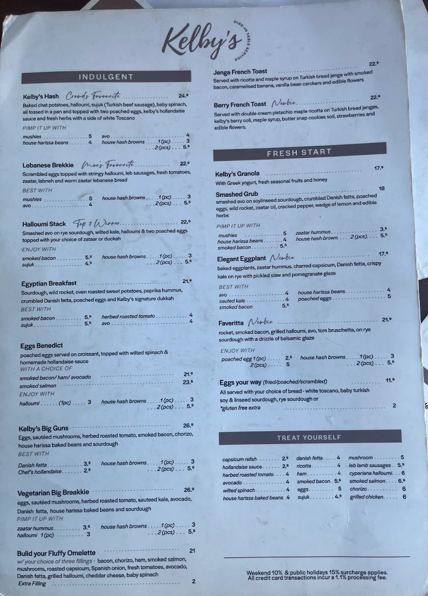 Menu, Moe's Table