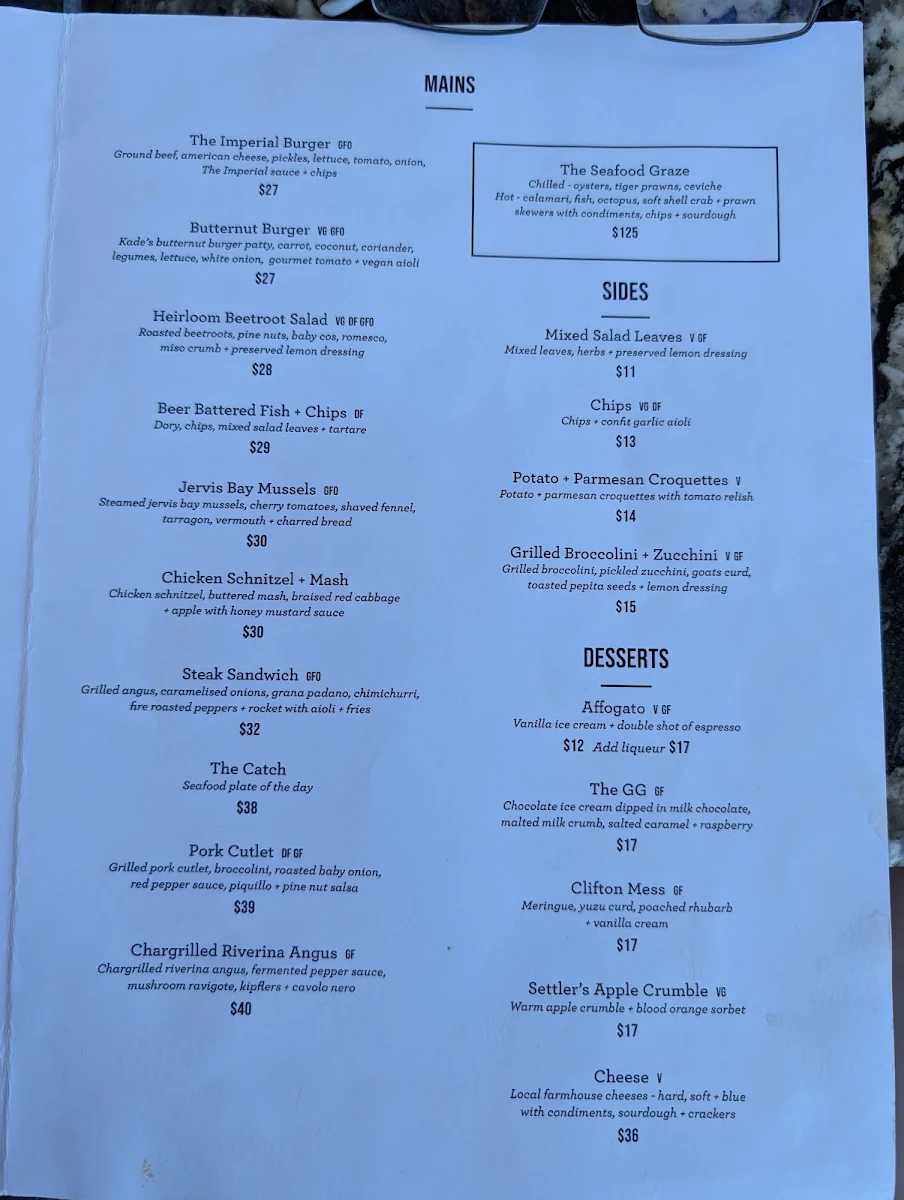 Menu, The Imperial at Clifton
