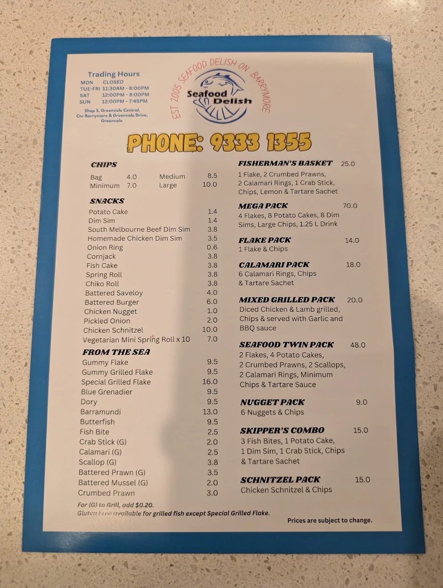 Menu, Seafood Delish