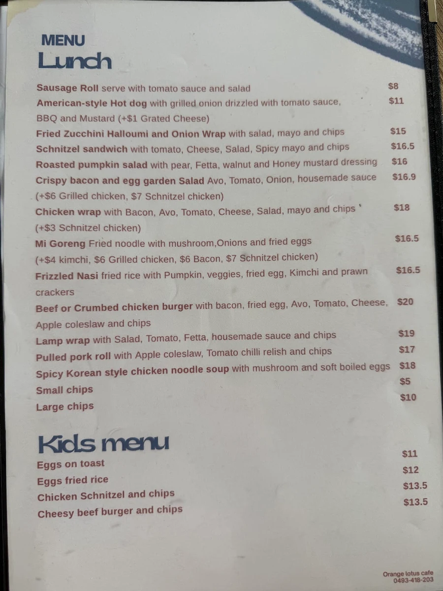 Menu, Orange lotus cafe