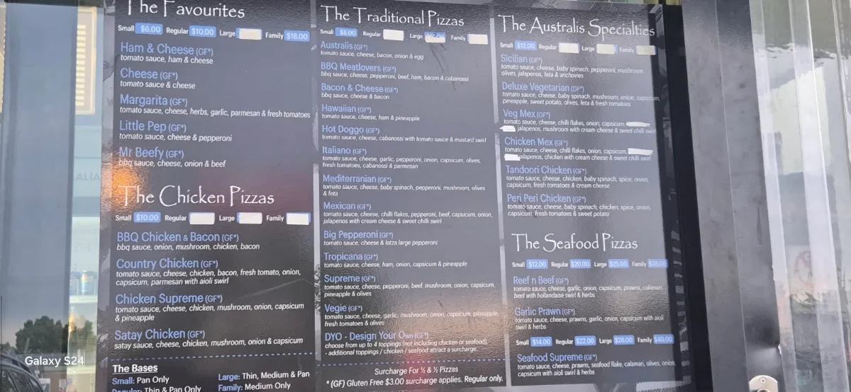 Menu, Australis Pizza