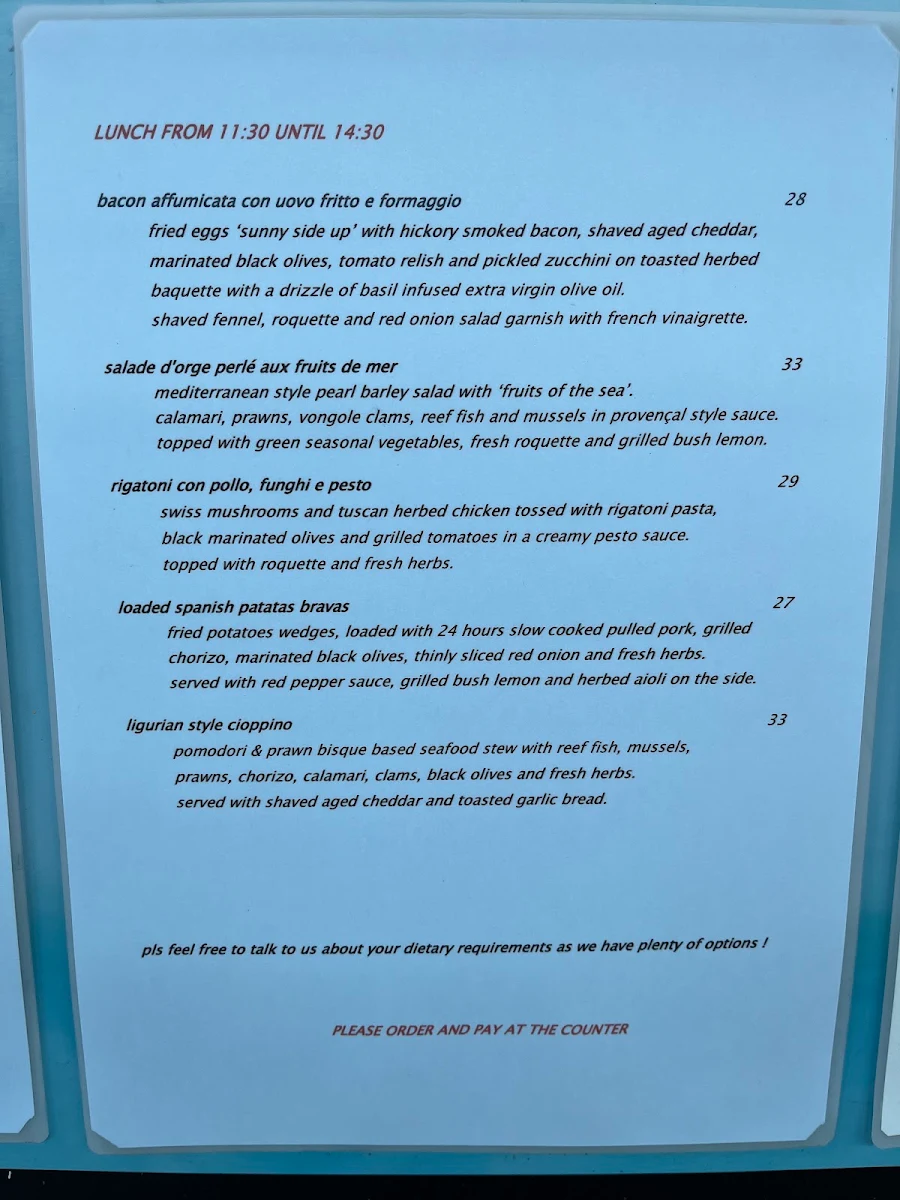Menu, Alfresco's Garden Cafe