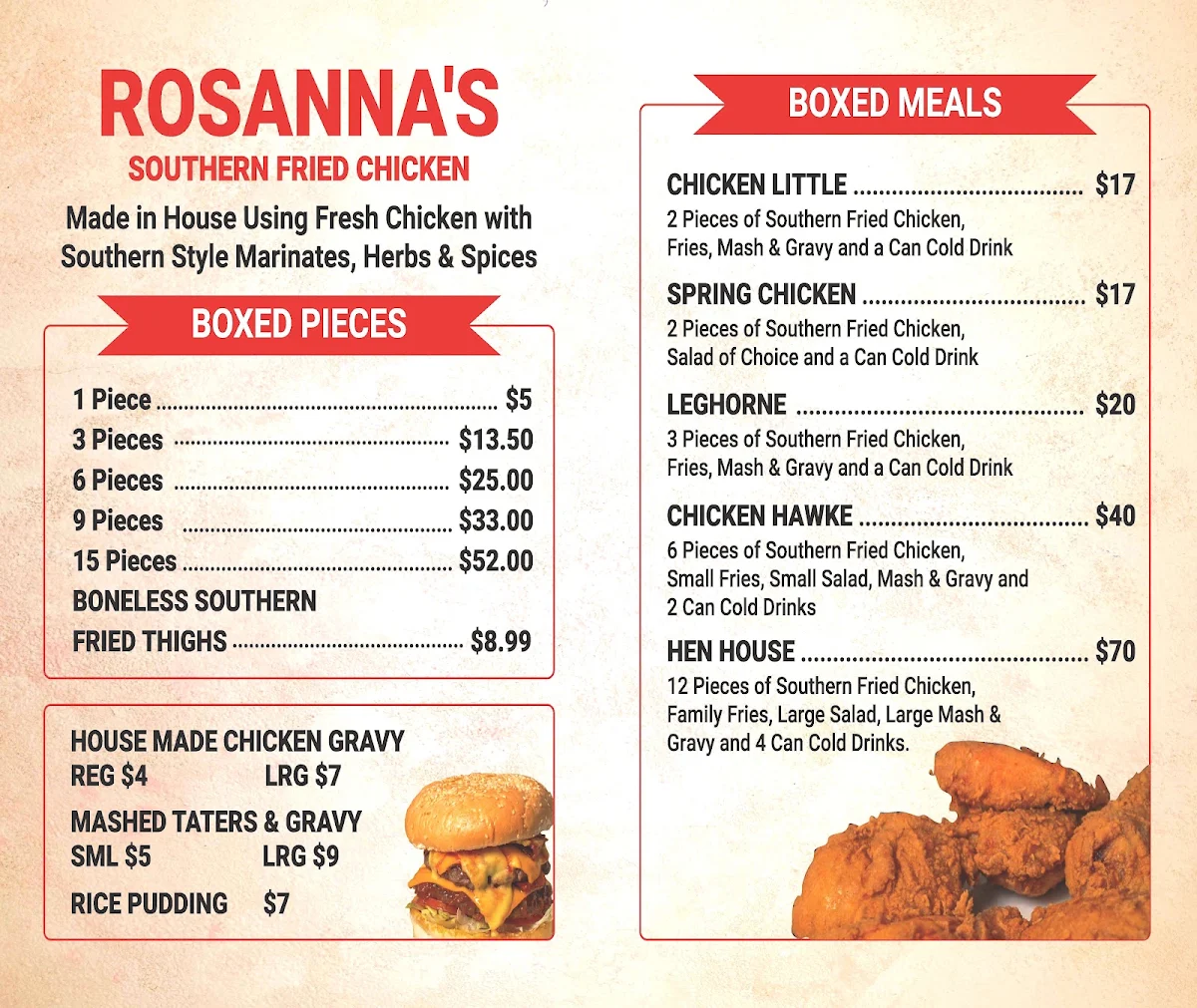 Menu, Rosanna's Southern Fried Chicken- Street Food Deli - Kelso