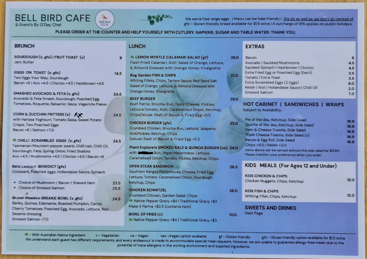 Menu, Bell Bird Cafe