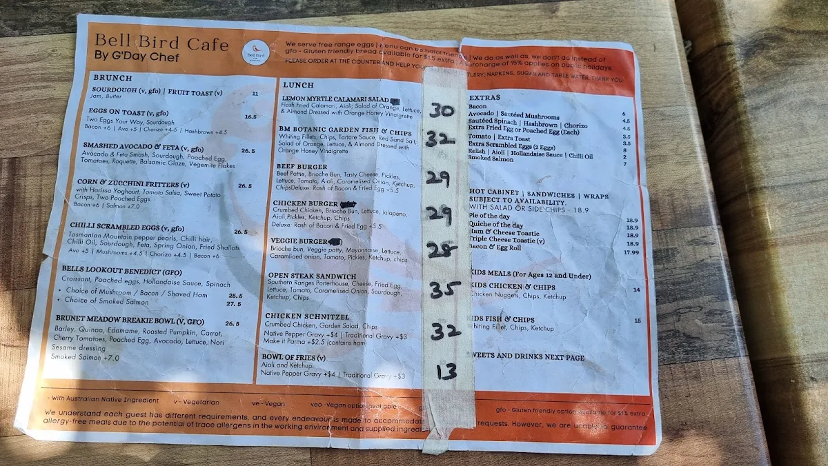 Menu, Bell Bird Cafe
