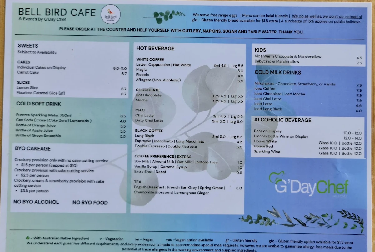 Menu, Bell Bird Cafe