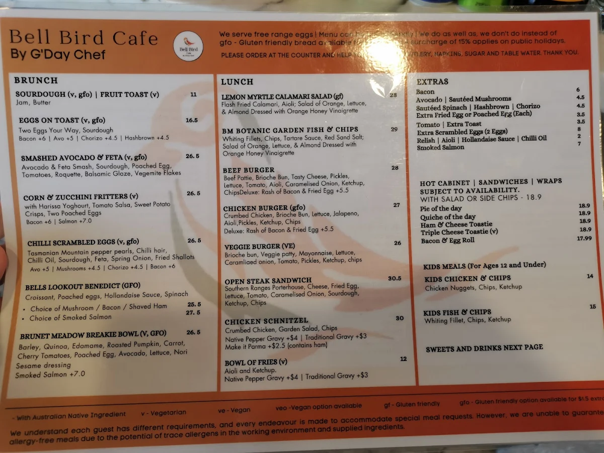 Menu, Bell Bird Cafe