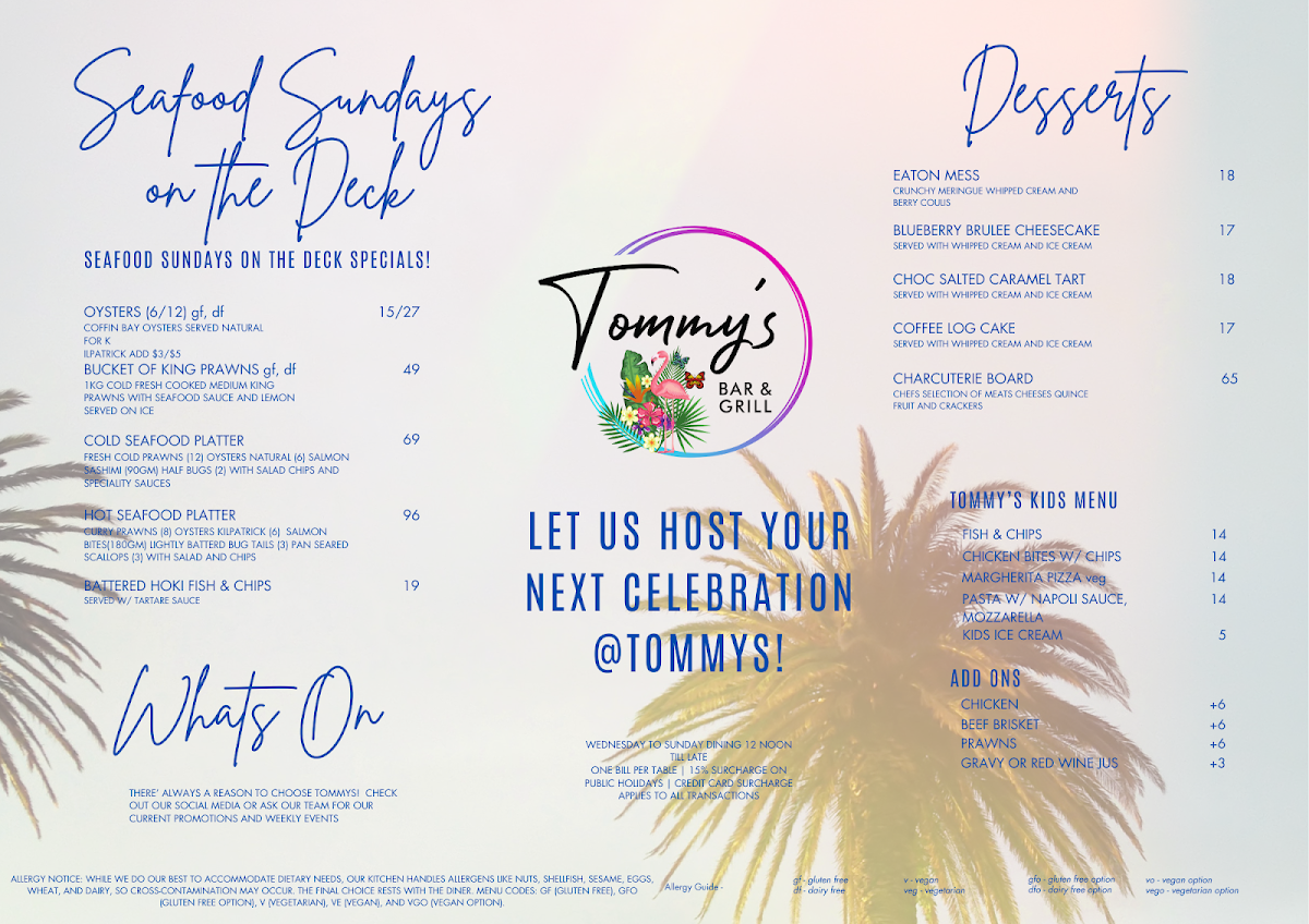 Menu, Tommy's Bar and Grill