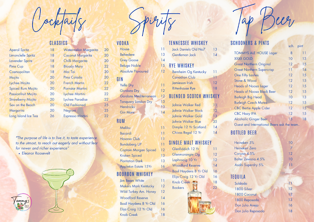 Menu, Tommy's Bar and Grill
