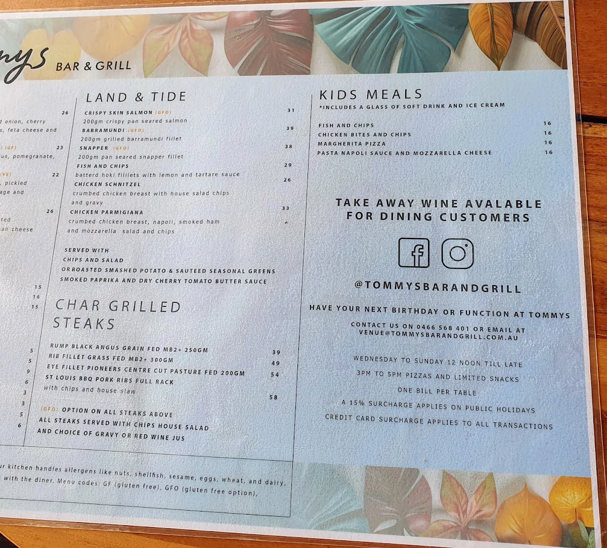 Menu, Tommy's Bar and Grill