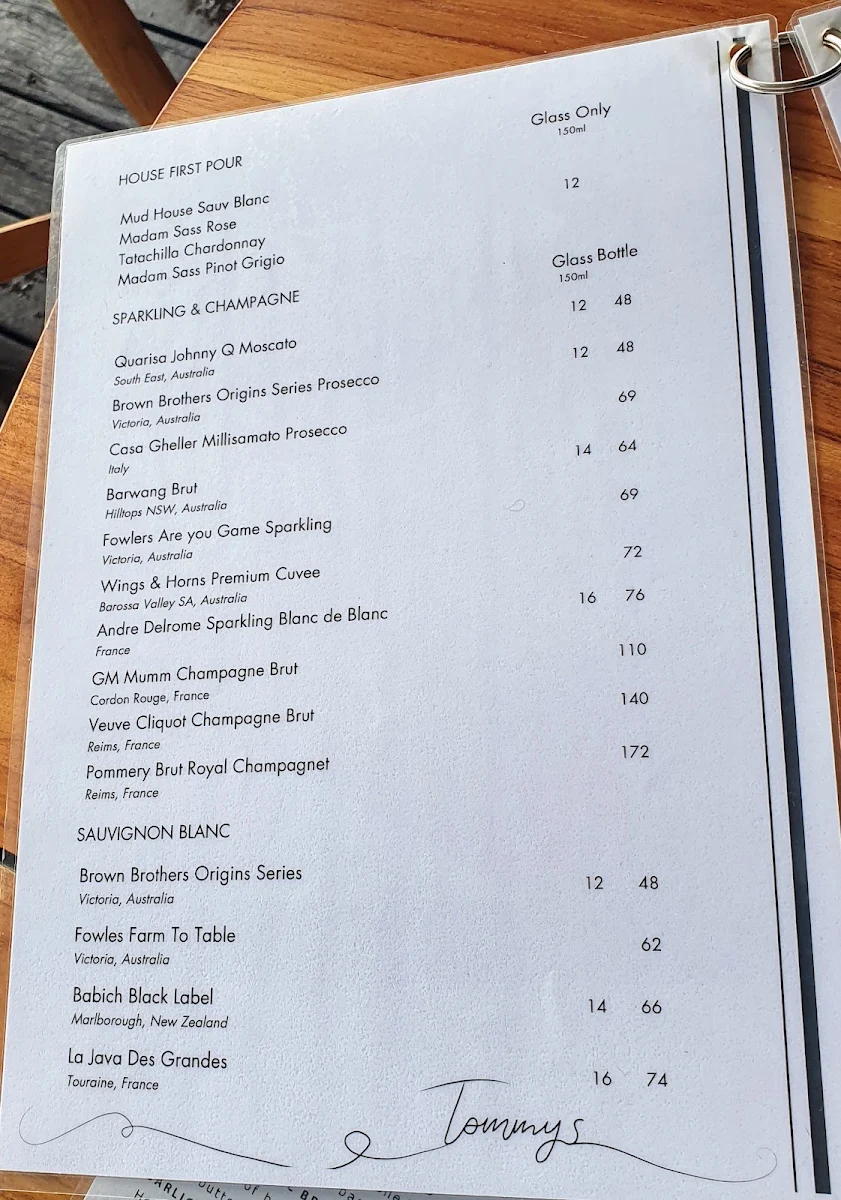 Menu, Tommy's Bar and Grill