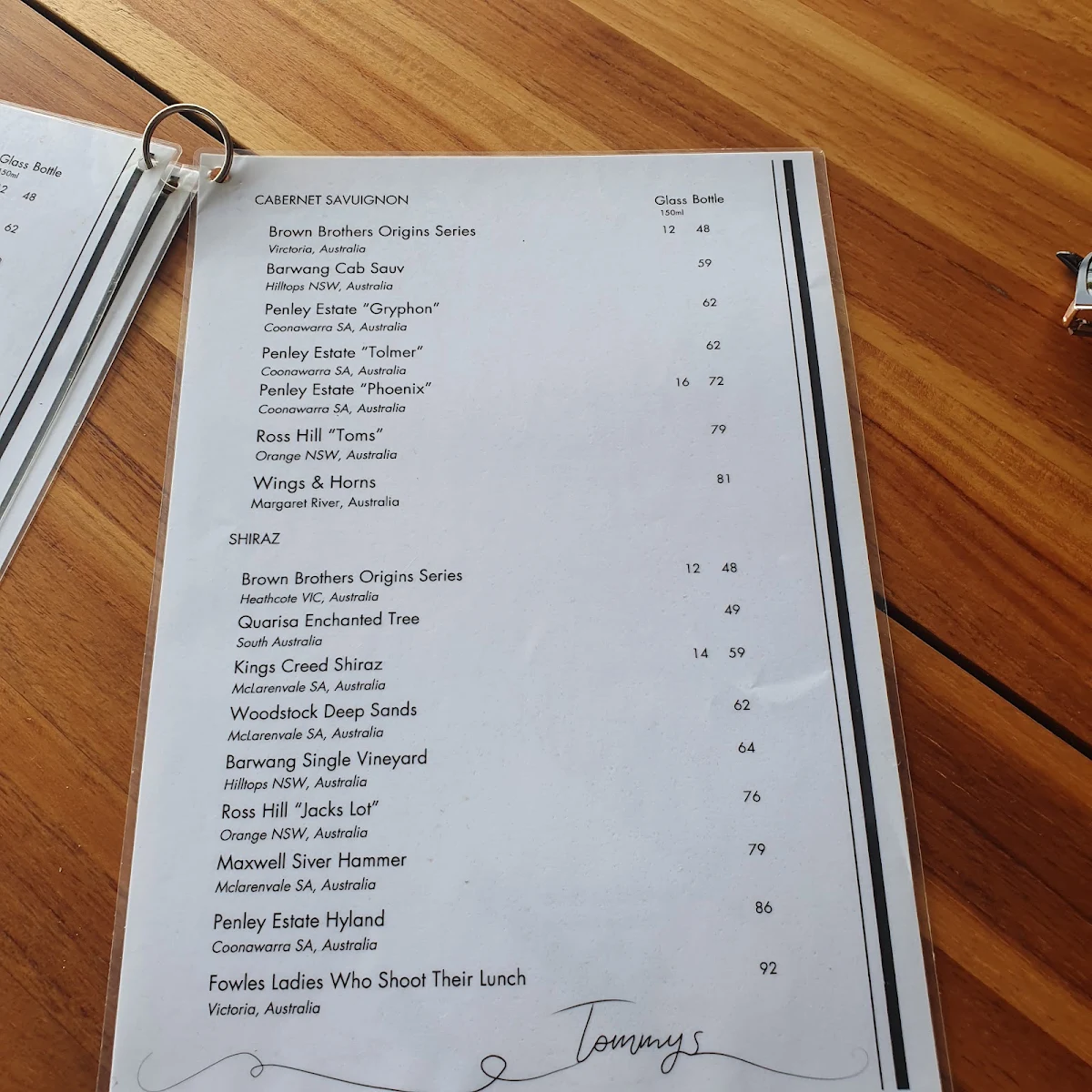Menu, Tommy's Bar and Grill