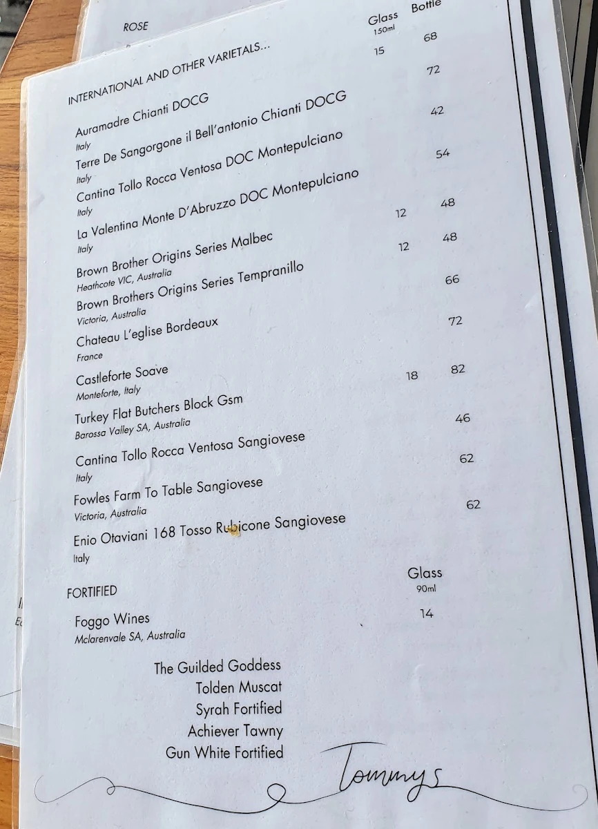 Menu, Tommy's Bar and Grill