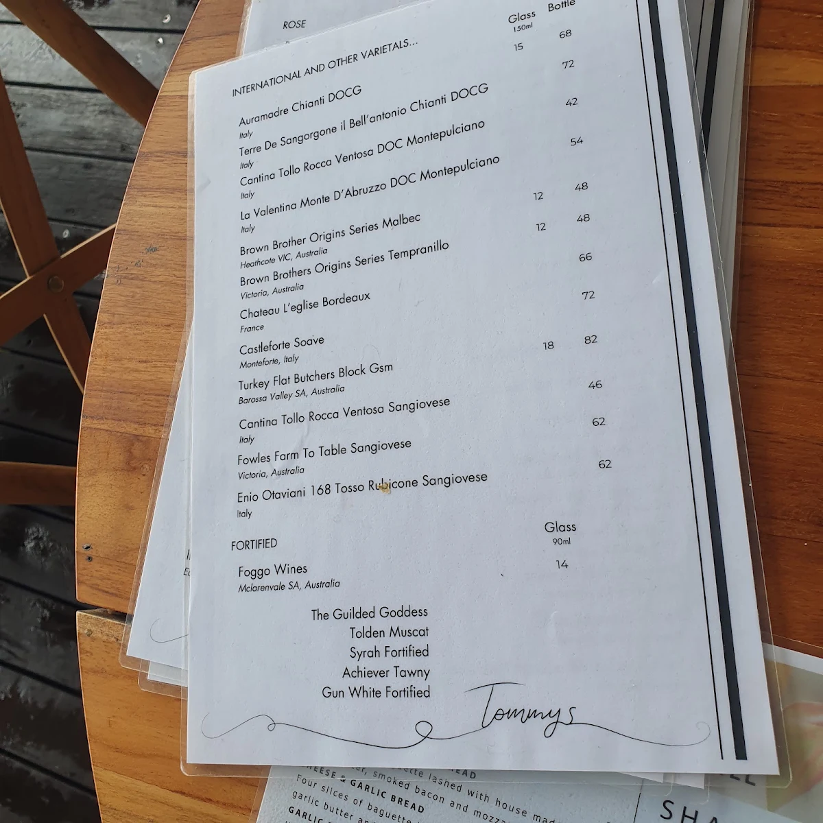 Menu, Tommy's Bar and Grill