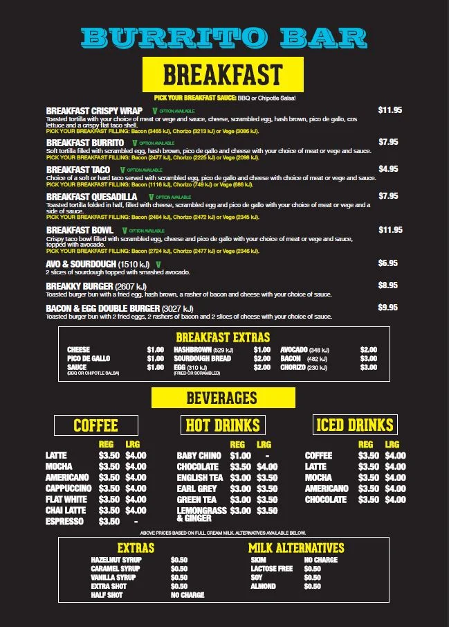 Menu, Burrito Bar Griffin