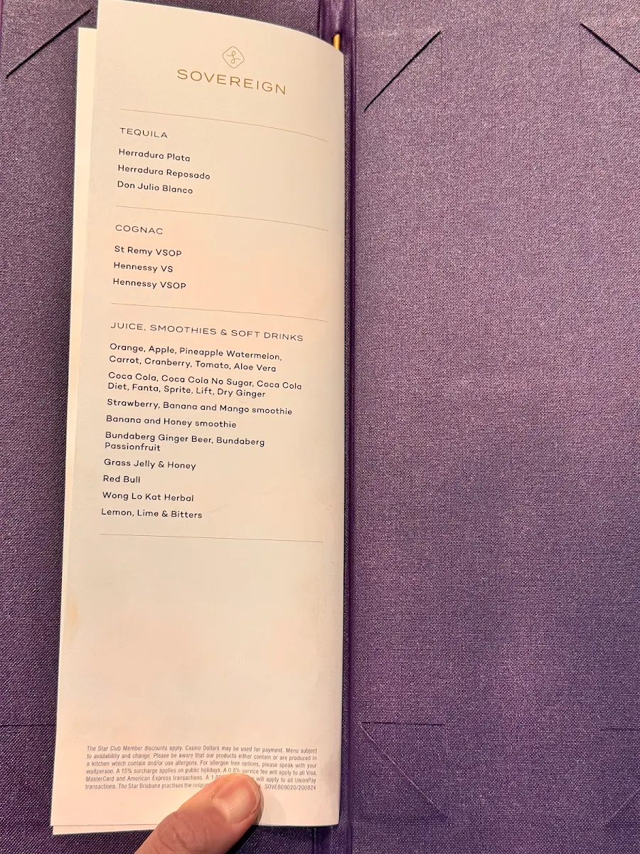 Menu, Sovereign dining The Star Brisbane