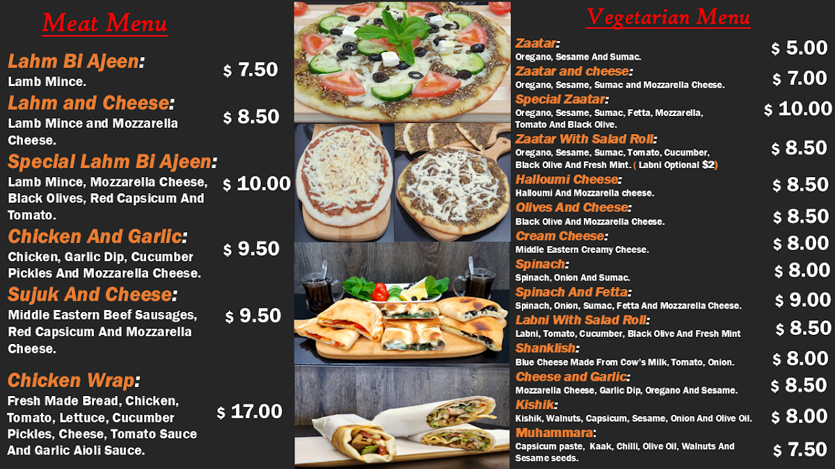 Menu, Erbil Bakery Pty Ltd